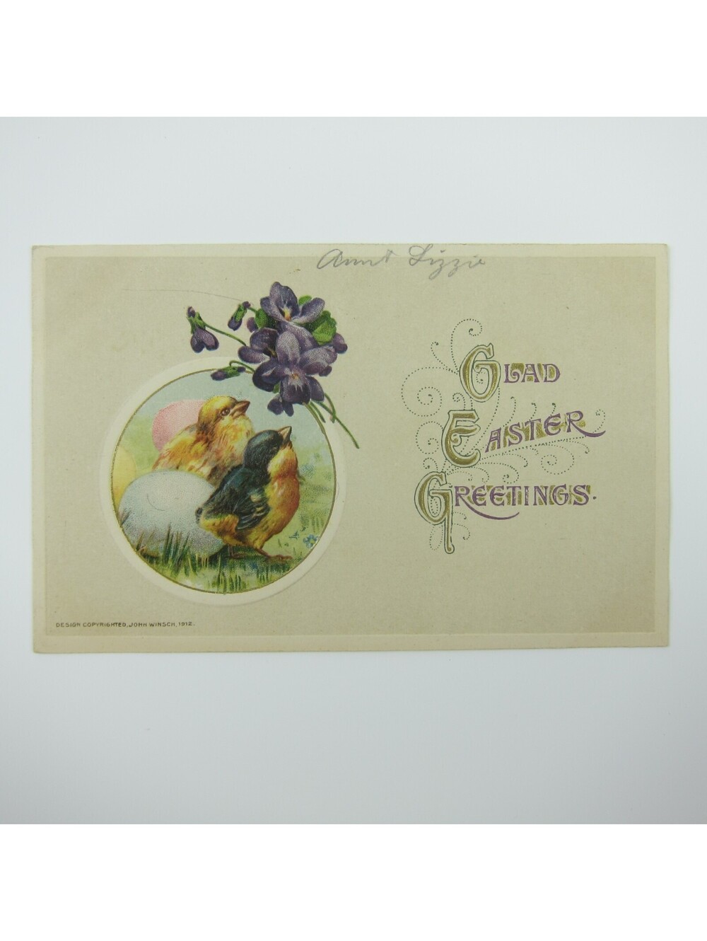Easter Postcard Chicks Eggs Purple Flower Gold Embossed John Winsch Antique 1912